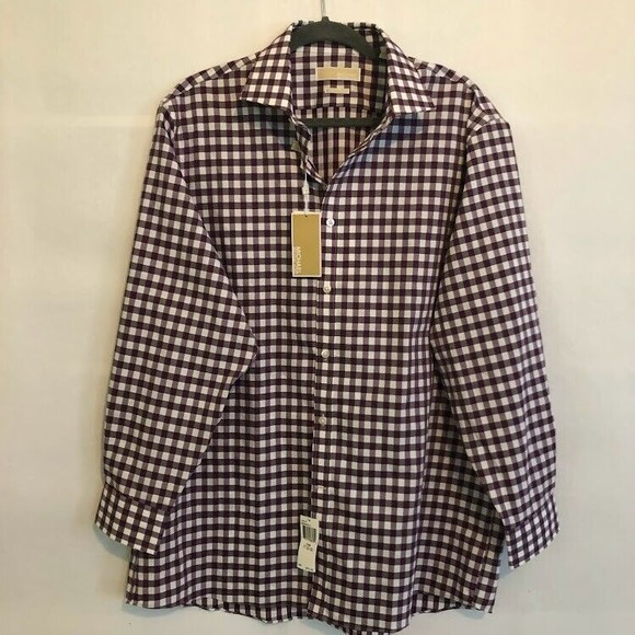 Michael Kors NWT Mens No Iron Button Up Shirt Size 17 32/33 Dark Purple Check - Picture 1 of 7